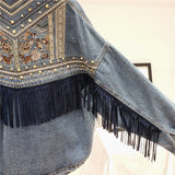 Floral Embroidery Denim Jacket w/  Suede Fringe